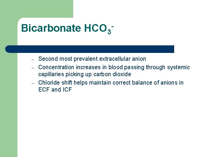 Bicarbonate HCO 3– – – Second most prevalent extracellular anion Concentration increases in blood