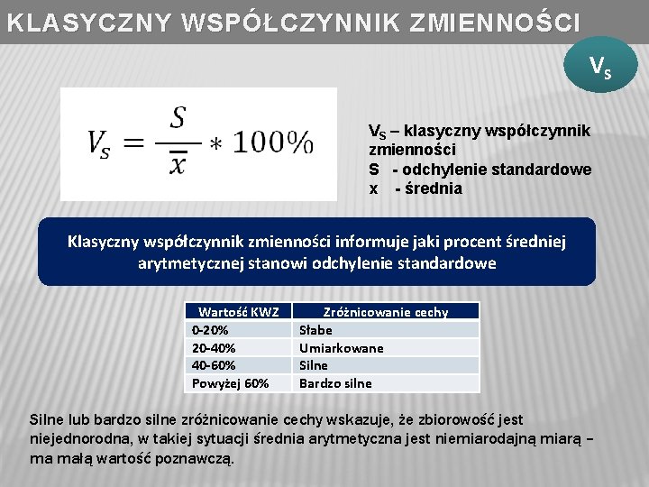 KLASYCZNY WSPÓŁCZYNNIK ZMIENNOŚCI VS VS – klasyczny współczynnik zmienności S - odchylenie standardowe x