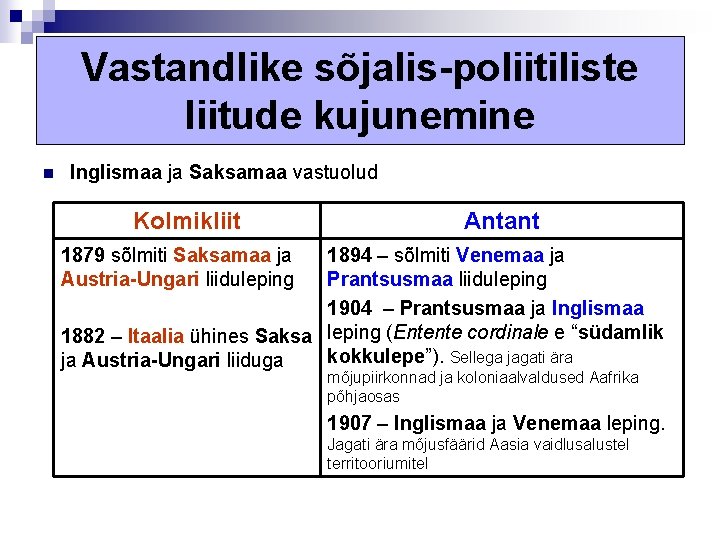 Vastandlike sõjalis-poliitiliste liitude kujunemine n Inglismaa ja Saksamaa vastuolud Kolmikliit Antant 1879 sõlmiti Saksamaa