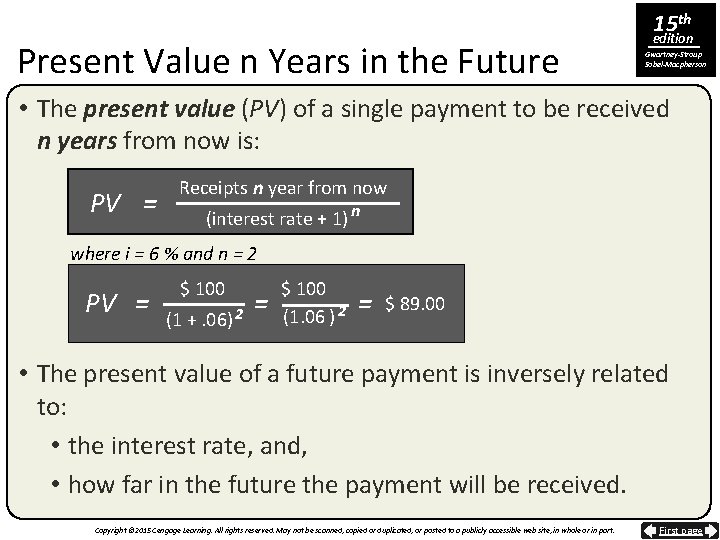 Present Value n Years in the Future 15 th edition Gwartney-Stroup Sobel-Macpherson • The
