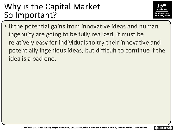 Why is the Capital Market So Important? 15 th edition Gwartney-Stroup Sobel-Macpherson • If