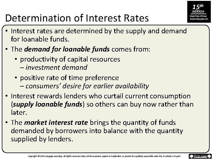 Determination of Interest Rates 15 th edition Gwartney-Stroup Sobel-Macpherson • Interest rates are determined