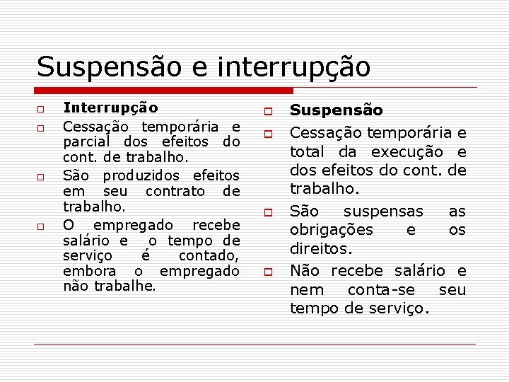 Suspensão e interrupção o o Interrupção Cessação temporária e parcial dos efeitos do cont.