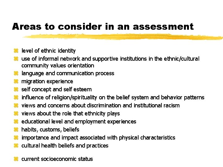 Areas to consider in an assessment z level of ethnic identity z use of