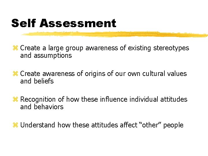 Self Assessment z Create a large group awareness of existing stereotypes and assumptions z