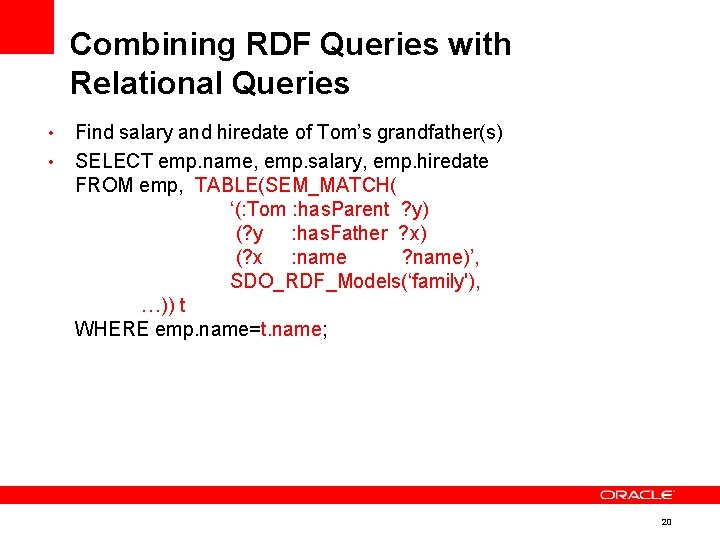 Combining RDF Queries with Relational Queries • • Find salary and hiredate of Tom’s