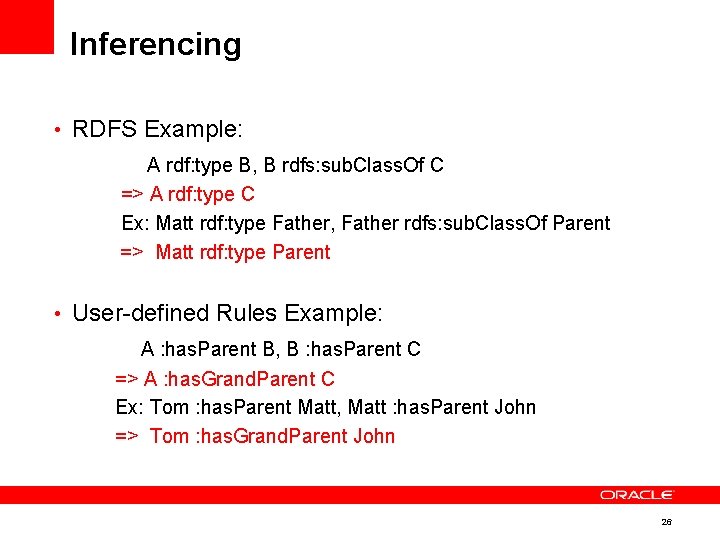 Inferencing • RDFS Example: A rdf: type B, B rdfs: sub. Class. Of C