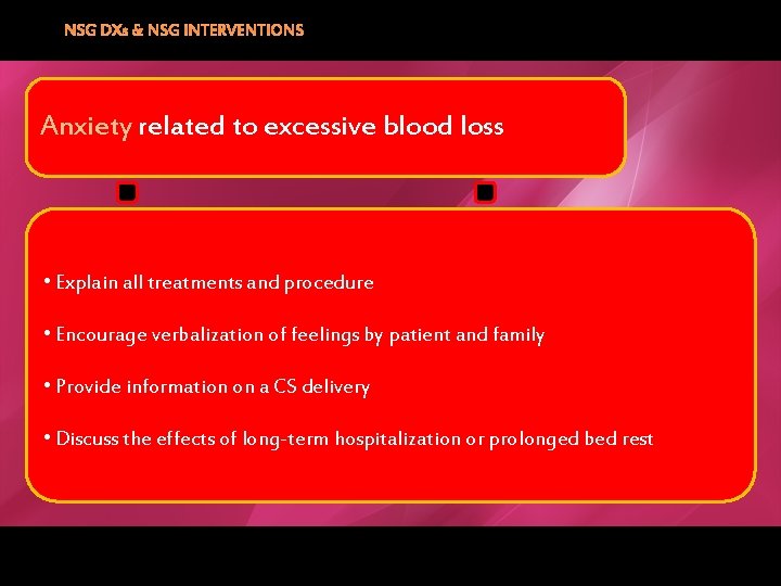 NSG DXs & NSG INTERVENTIONS Anxiety related to excessive blood loss • Explain all