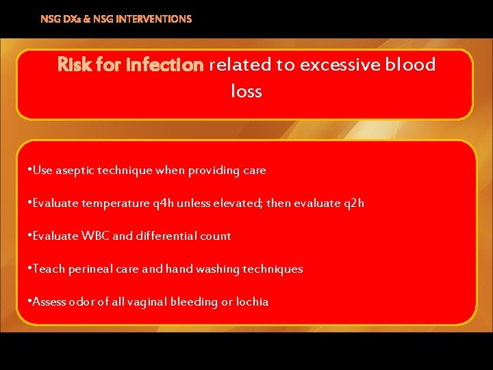 NSG DXs & NSG INTERVENTIONS Risk for infection related to excessive blood loss •