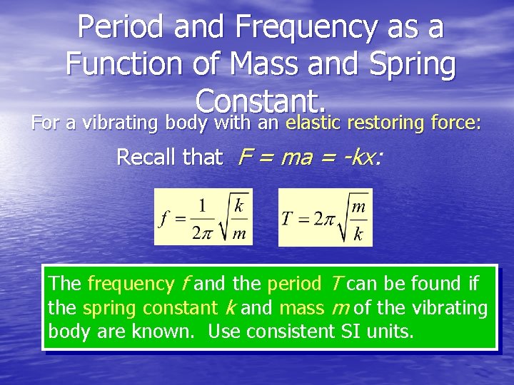 Period and Frequency as a Function of Mass and Spring Constant. For a vibrating