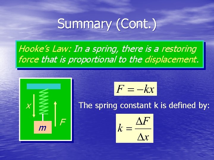 Summary (Cont. ) Hooke’s Law: In a spring, there is a restoring force that