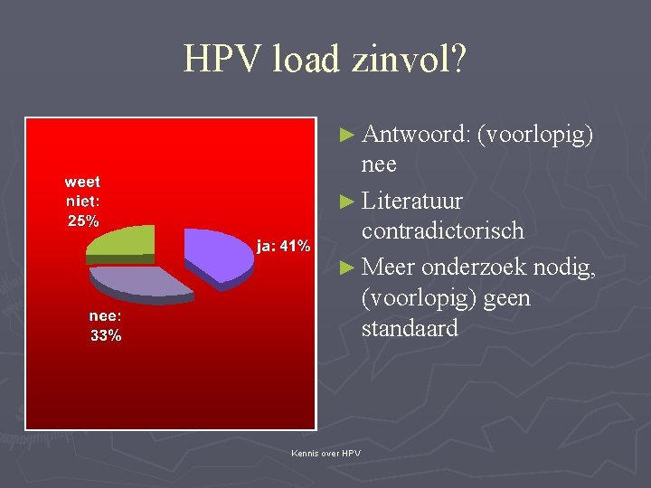 HPV load zinvol? ► Antwoord: (voorlopig) nee ► Literatuur contradictorisch ► Meer onderzoek nodig,