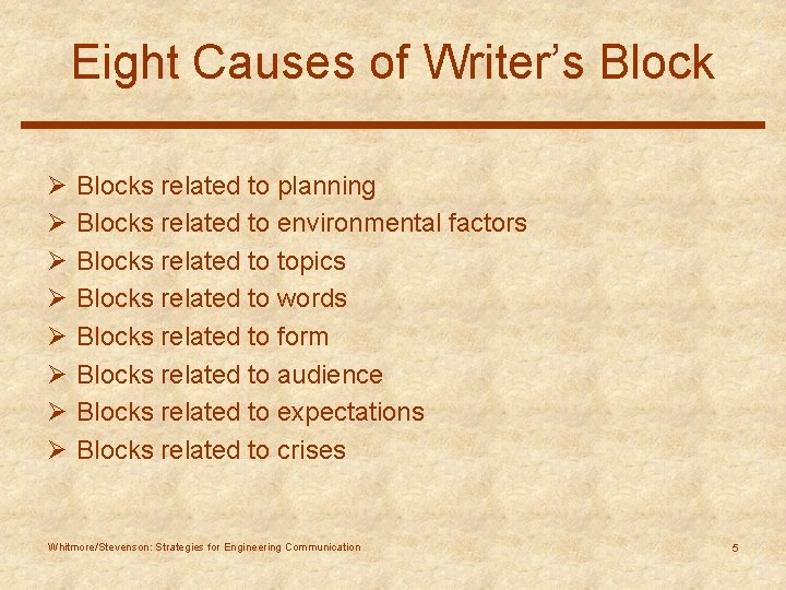 Eight Causes of Writer’s Block Ø Ø Ø Ø Blocks related to planning Blocks