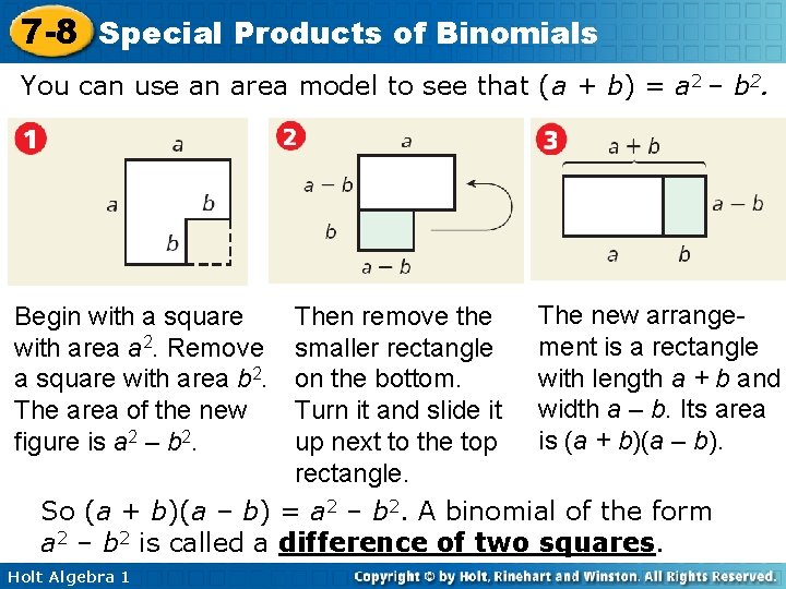 7 -8 Special Products of Binomials You can use an area model to see