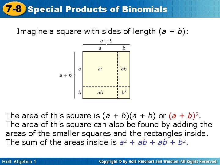 7 -8 Special Products of Binomials Imagine a square with sides of length (a