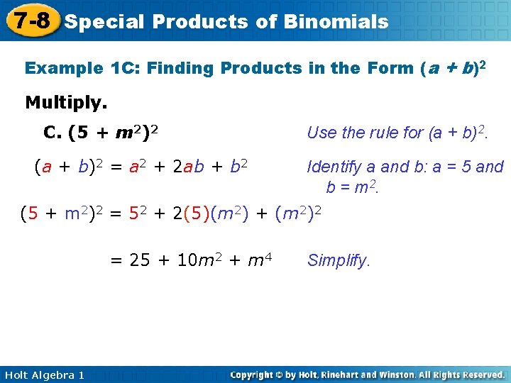 7 -8 Special Products of Binomials Example 1 C: Finding Products in the Form