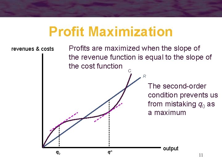 Profit Maximization Profits are maximized when the slope of the revenue function is equal