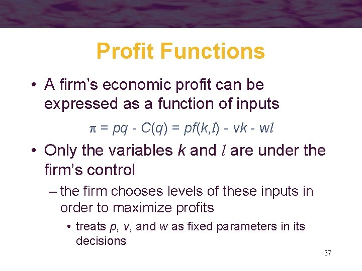 Profit Functions • A firm’s economic profit can be expressed as a function of
