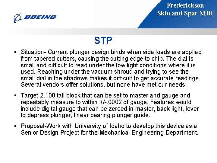 Frederickson Skin and Spar MBU STP § Situation- Current plunger design binds when side