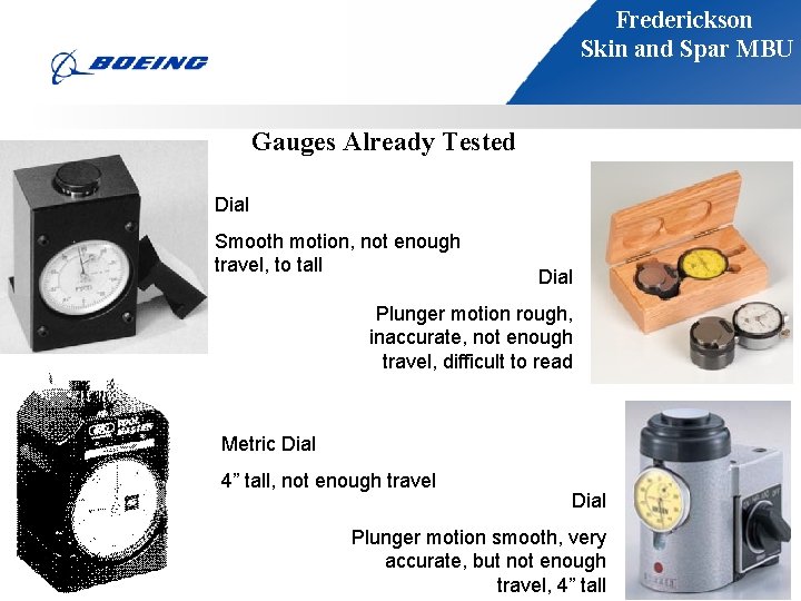 Frederickson Skin and Spar MBU Gauges Already Tested Dial Smooth motion, not enough travel,
