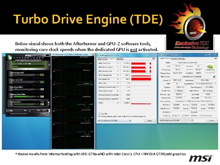 Turbo Drive Engine (TDE) Below visual shows both the Afterburner and GPU-Z software tools,