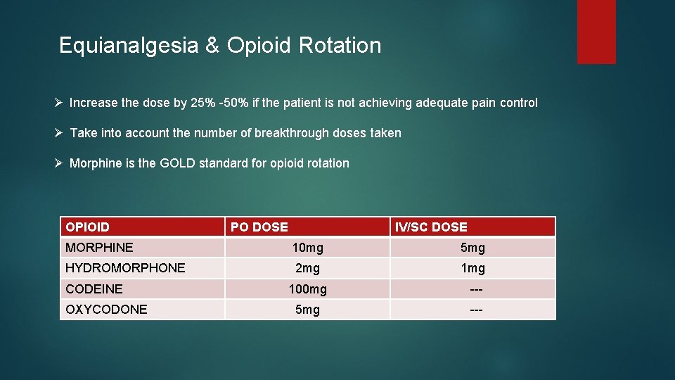Equianalgesia & Opioid Rotation Ø Increase the dose by 25% -50% if the patient