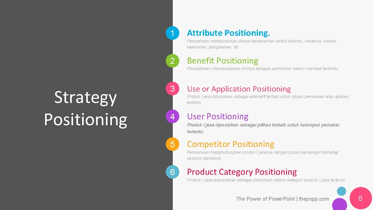 1 Attribute Positioning. Perusahaan memposisikan dirinya berdasarkan atribut tertentu, misalnya: ukuran, keamanan, pengalaman, dll.
