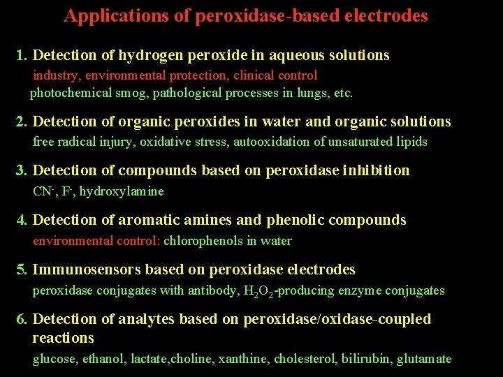 Applications of peroxidase-based electrodes 1. Detection of hydrogen peroxide in aqueous solutions industry, environmental