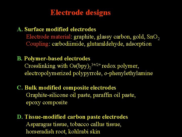 Electrode designs A. Surface modified electrodes Electrode material: graphite, glassy carbon, gold, Sn. O