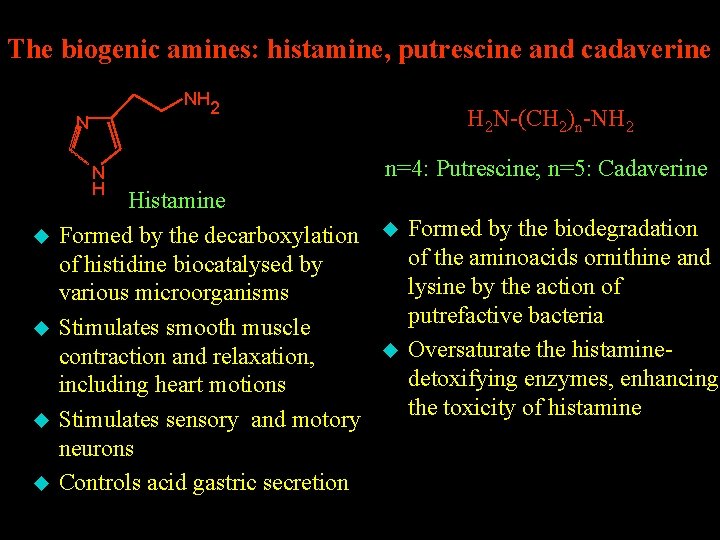 The biogenic amines: histamine, putrescine and cadaverine NH 2 N N H u u