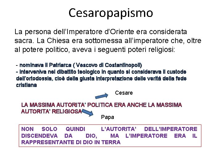 Cesaropapismo La persona dell’Imperatore d’Oriente era considerata sacra. La Chiesa era sottomessa all’imperatore che,