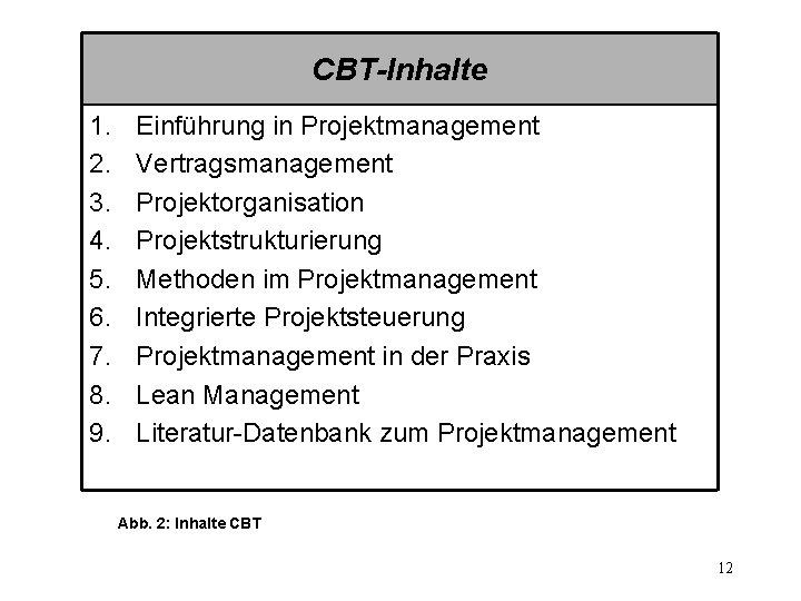 CBT-Inhalte 1. 2. 3. 4. 5. 6. 7. 8. 9. Einführung in Projektmanagement Vertragsmanagement