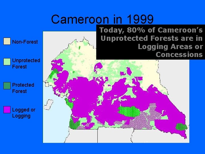 Cameroon in 1999 Non-Forest Unprotected Forest Protected Forest Logged or Logging Today, 80% of