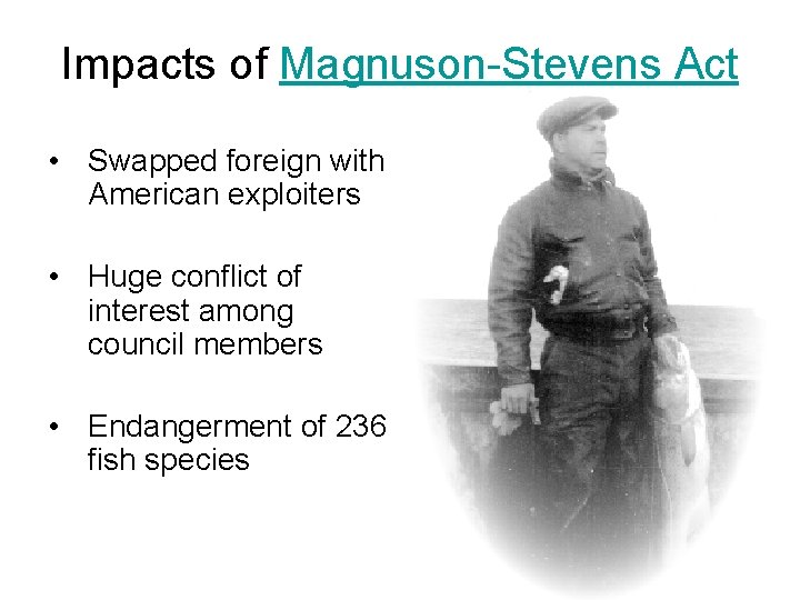 Impacts of Magnuson-Stevens Act • Swapped foreign with American exploiters • Huge conflict of