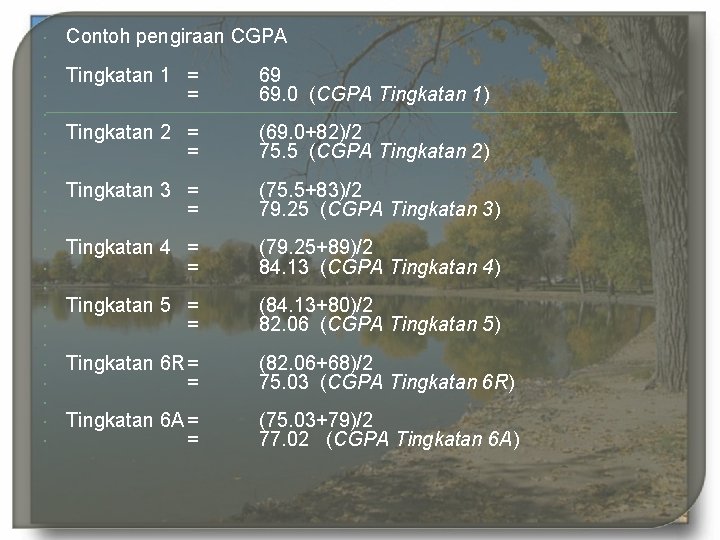  Contoh pengiraan CGPA Tingkatan 1 = 69. 0 (CGPA Tingkatan 1) Tingkatan 2