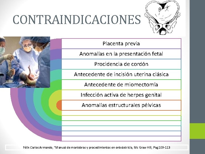 CONTRAINDICACIONES Placenta previa Anomalías en la presentación fetal Procidencia de cordón Antecedente de incisión