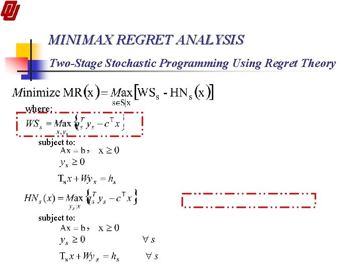 MINIMAX REGRET ANALYSIS Two-Stage Stochastic Programming Using Regret Theory where: subject to: , ,