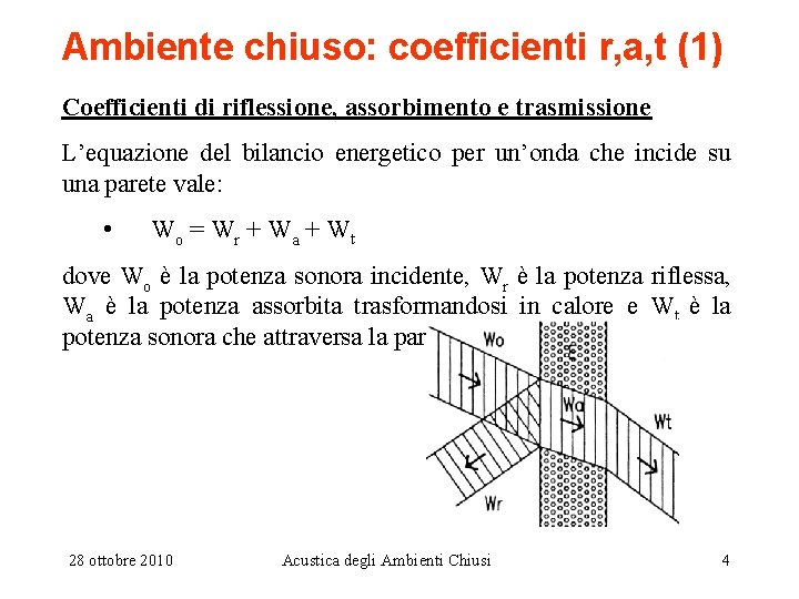 Ambiente chiuso: coefficienti r, a, t (1) Coefficienti di riflessione, assorbimento e trasmissione L’equazione