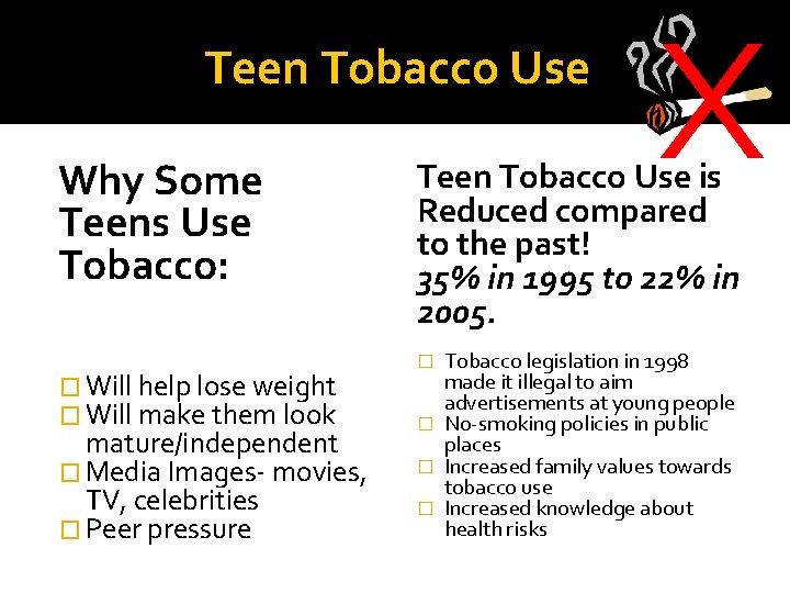 Teen Tobacco Use Why Some Teens Use Tobacco: � Will help lose weight �
