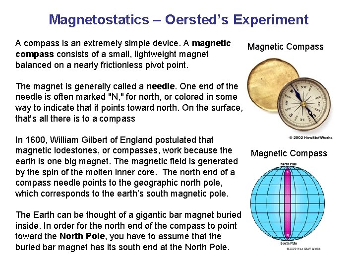 Magnetostatics – Oersted’s Experiment A compass is an extremely simple device. A magnetic compass