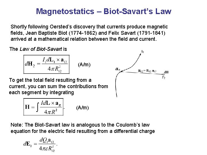 Magnetostatics – Biot-Savart’s Law Shortly following Oersted’s discovery that currents produce magnetic fields, Jean