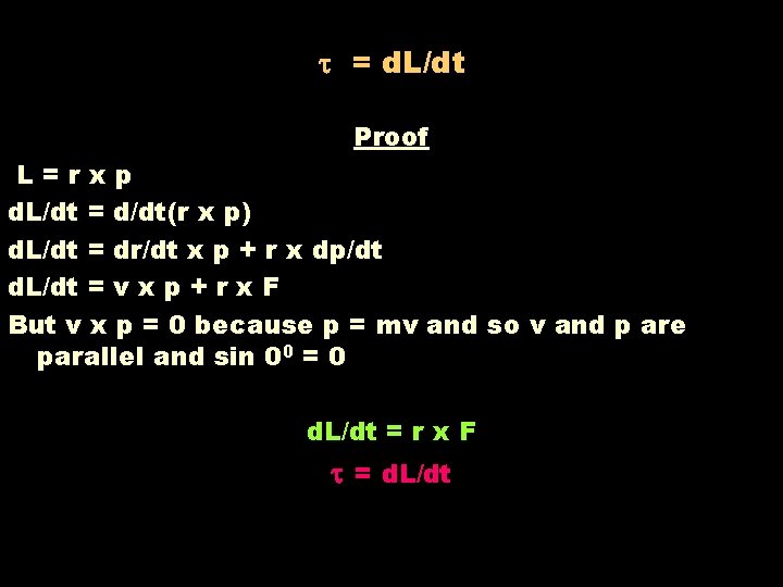  = d. L/dt Proof L=rxp d. L/dt = d/dt(r x p) d. L/dt