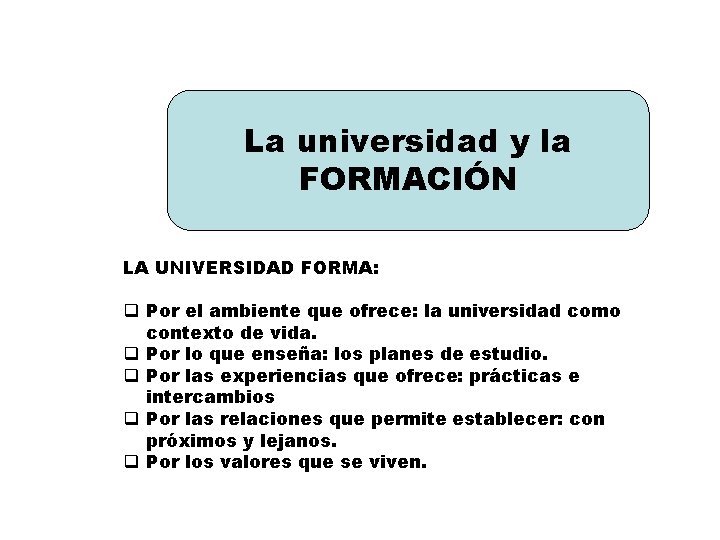 La universidad y la FORMACIÓN LA UNIVERSIDAD FORMA: q Por el ambiente que ofrece: