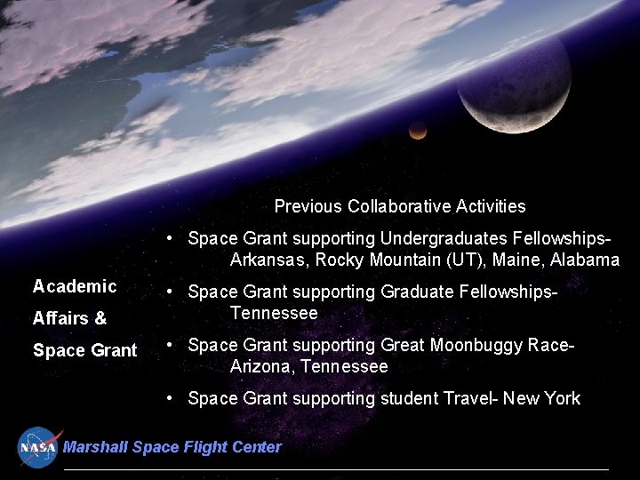 Previous Collaborative Activities • Space Grant supporting Undergraduates Fellowships. Arkansas, Rocky Mountain (UT), Maine,