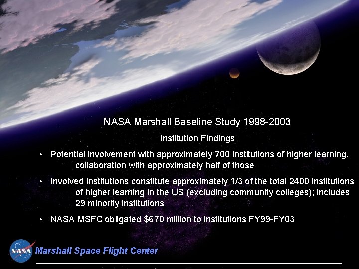 NASA Marshall Baseline Study 1998 -2003 Institution Findings • Potential involvement with approximately 700