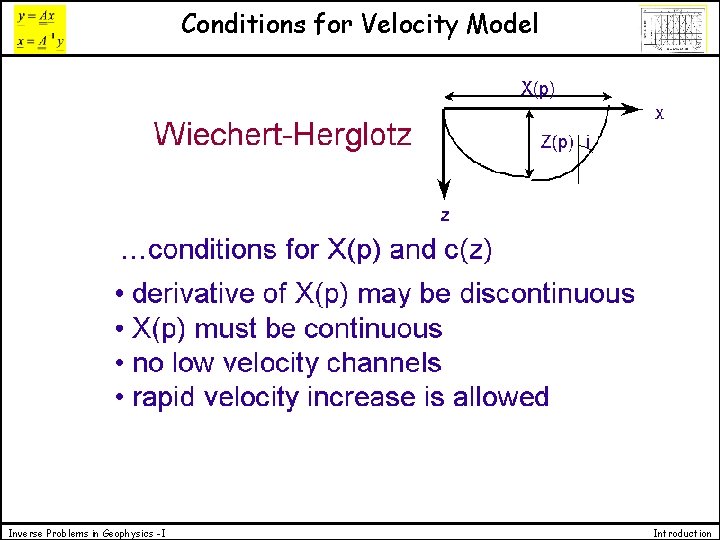 Conditions for Velocity Model Inverse Problems in Geophysics -I Introduction 