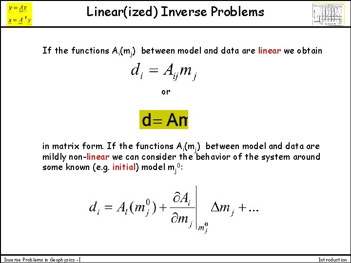 Linear(ized) Inverse Problems If the functions Ai(mj) between model and data are linear we Linear(ized) Inverse Problems If the functions Ai(mj) between model and data are linear we