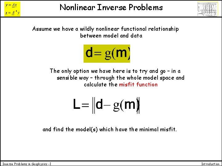 Nonlinear Inverse Problems Assume we have a wildly nonlinear functional relationship between model and Nonlinear Inverse Problems Assume we have a wildly nonlinear functional relationship between model and