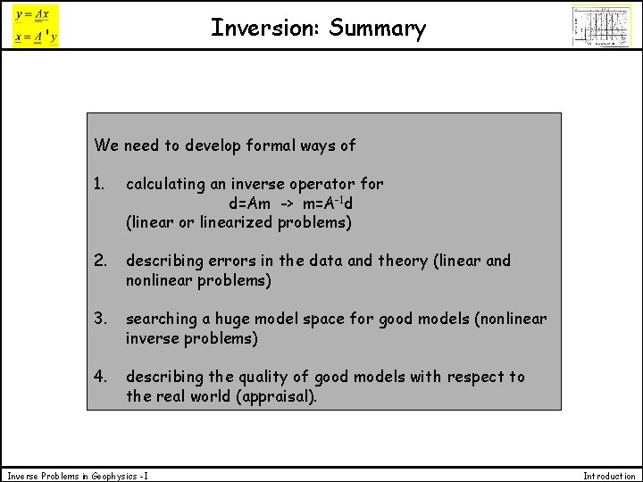 Inversion: Summary We need to develop formal ways of 1. calculating an inverse operator