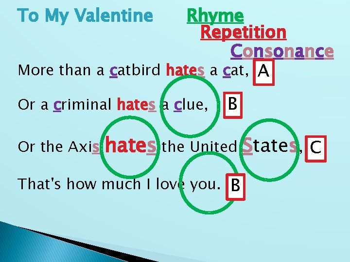 To My Valentine Rhyme Repetition Consonance More than a catbird hates a cat, A